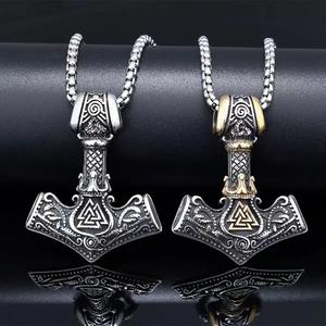 Vintage Viking Thor's Hammer Odin Triangle Rune <b>Titanium</b> Steel Pendant Necklace Punk Hip Hop Nordic Valknut Stainless Silver - Product Image 1