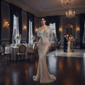 Positioning Flower Elegant Women Sequin Lightweight Floor-Length Beaded Handmade Embroidery Mermaid Formal Evening Dress - Product Image 2