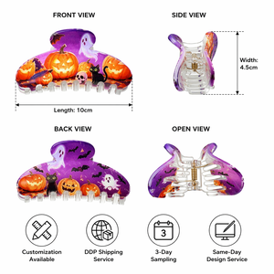 Pince <span class=keywords><strong>à</strong></span> cheveux personnalisée en acétate grande taille pour Halloween, motifs mignons citrouille, fantôme, chauve-souris, araignée effrayante, chat noir, vente en gros pour femmes - Product Image 2