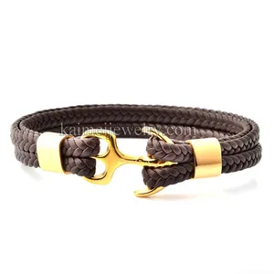 Pulsera de cuero trenzado con ancla de acero inoxidable para hombre, accesorio de lujo con acabado alto