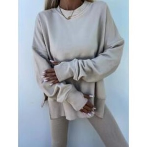 Nouvel ensemble de mode décontracté deux pièces pour femme JAC22 B251 : pantalon long slim et sweat-shirt court - Product Image 2