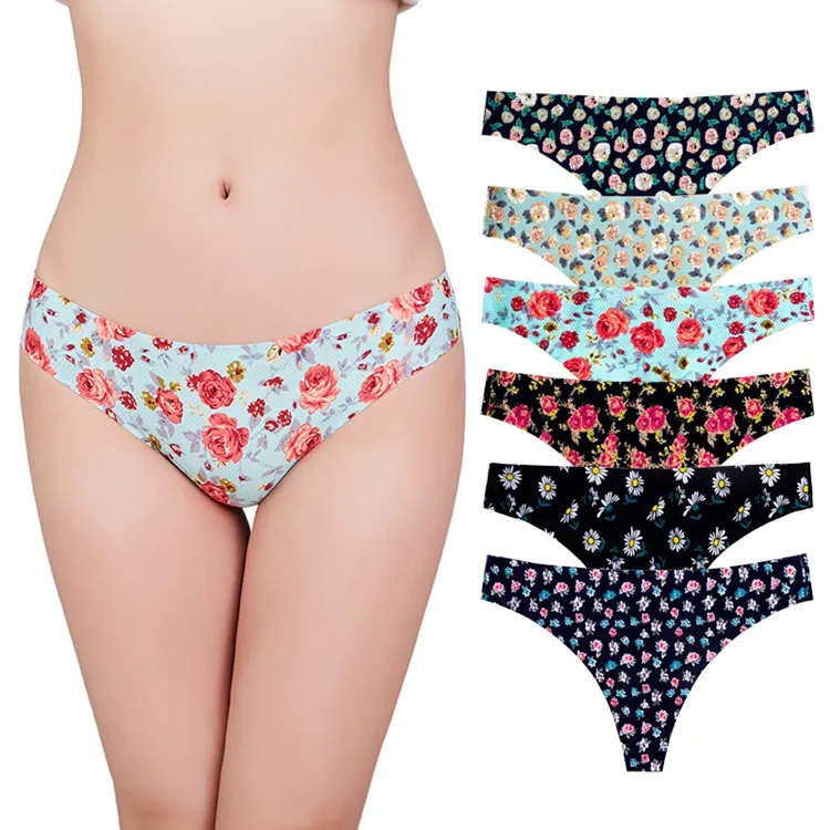 YCH Amazon hot-selling large-size one-piece ice silk print seamless girly thong spandex thong women's seamless briefs