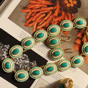 Parures de bijoux en laiton plaqué or de style français traditionnel, pierres turquoise naturelles, bagues, colliers, boucles d'oreilles pour femmes - Product Image 2