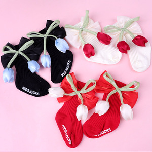 Calcetines de punto exclusivos transfronterizos <span class=keywords><strong>para</strong></span> bebés y niños, diseño de princesa a media pantorrilla con decoración de lazo de flor tridimensional - Product Image 3