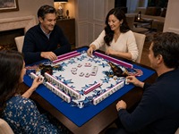 Ensemble de Mahjong Thème Patriotique pour 4 Joueurs, Moderne, Luxueux, Pliable, Portable, Écologique, Résistant à l'Eau, Prêt à l'Expédition, pour le Divertissement