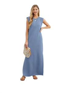 Vestido Casual de Verano para Mujer, Cuello Redondo, Holgado, Largo, Tipo Maxi, para Playa, con Bolsillos, Color Sólido, Estampado Digital, Tejido Worsted - Product Image 3