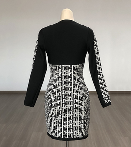 <span class=keywords><strong>Labyrinthe</strong></span> Jacquard Bandage Col en V Robe à glissière sur le devant Robe sexy à manches longues blanche et noire pour club de fête - Product Image 5