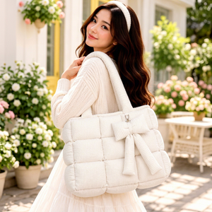 <b>White</b> Cotton Puffy Quilted Knitted Tote <b>Bag</b> for Women Bow Zipper Closure Cute Lady Shoulder Handbag Best for Christmas Travel - Product Image 1