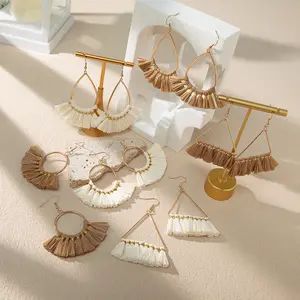 fashion handmade bohemian style unique raffia pendant dangle drop earrings ideal for women sea beach traveling