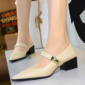 Wholesale Low Price Women Mid Strap Buckles Shoes Low Square Heels Pumps Dress Pointed Toe Solid Mary Jane <b>Sandals</b> - Product Image 4