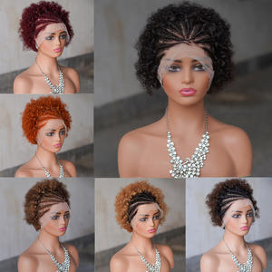 8 pouces 13x4 dentelle avant Bob Cornrows boîte <span class=keywords><strong>tresse</strong></span> Afro bouclés chinois humain naturel noir arc-en-ciel rougeâtre africain crépus Curl court - Product Image 1