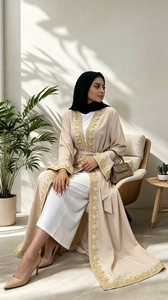 1893# Modest Nida 100% Polyester Luxury Gold Lace Border <b>Long</b> Sleeve Ankle-Length Elegant Noble Cardigan <b>Eid</b> Women Abaya - Product Image 4