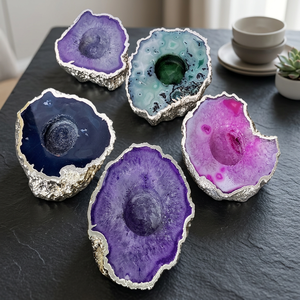 Porte-bougie en résine de fluorite bleue, forme irrégulière, bord argenté électroplaqué, poli, décoration Reiki pour la maison - Product Image 3