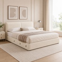 Lit de rangement moderne rembourré crème avec vérin hydraulique, tiroirs avant, tête de lit capitonnée, cadre de lit Queen/King pour chambre à coucher, lits OEM/ODM