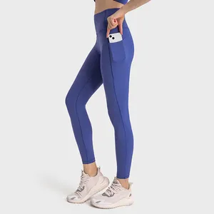 Grosir kustom Logo Gym pakaian Fitness pinggang tinggi kontrol perut Butt mengangkat celana Yoga legging lari dengan saku