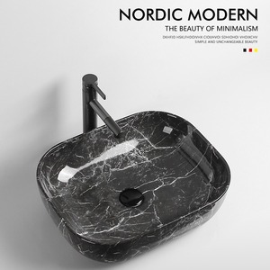 Lavabo de Cerámica Cuadrado Negro para Baño, Lavabo de Una Pieza para Encimera, Acabado Brillante, Montaje de Grifo de un Solo Orificio - Product Image 4