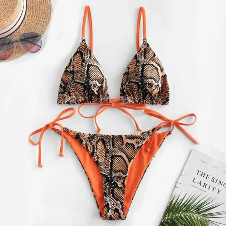 2022 Reife Frauen Open Sexy String Triangle Bikini Set Animal Print Bandage Badeanzüge