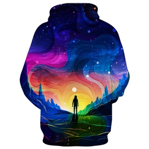 Sweat-shirt à capuche unisexe avec grandes poches, broderie 3D Galaxie, tricoté, coupe oversize, uni, manches longues, pour l'automne - Product Image 4