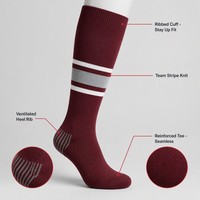 Chaussettes de baseball personnalisées, rayées gris et bordeaux, hauteur genou, chaussettes de sport anti-humidité pour matchs de baseball