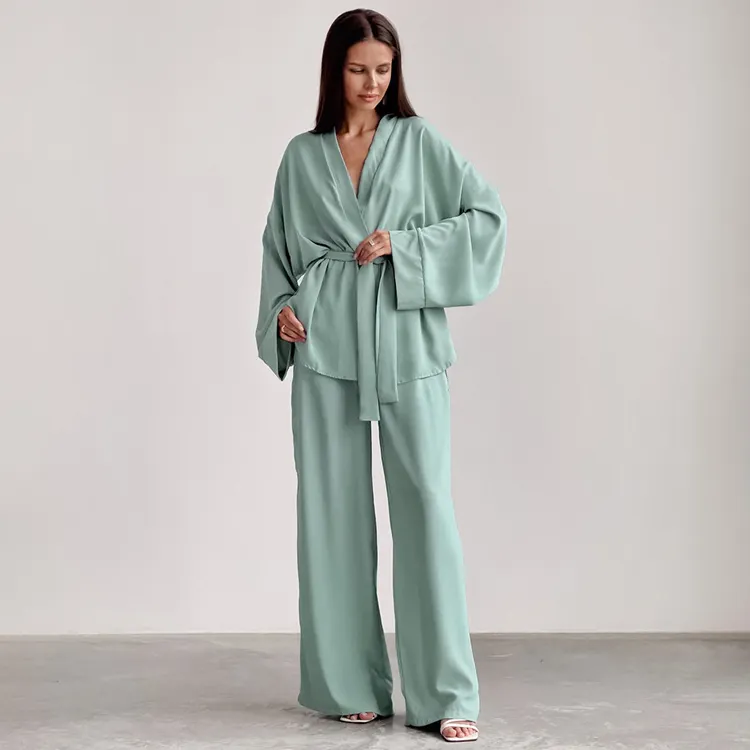French Casual Home Wear Chiffon Green Loose Pants 2 Piece Sets Ladies Lace-Up Long Sleeve Robe Pajamas For Women Set
