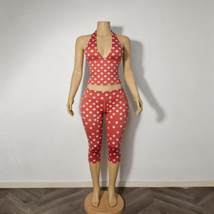 Ensemble deux pièces d'été pour femme, design de niche, comprenant un haut court moulant sans manches à col licou et un pantalon capri, logo personnalisable, OEM - Product Image 4