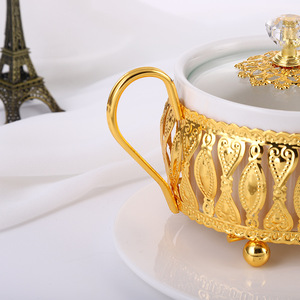 Metall Gold Runde Zucker topf Zucker glas Schüssel Keramik Mit Griff Deckel Löffel Glas abdeckung Küche Gewürz glas Gewürz Kaffee Tee - Product Image 5