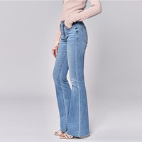 Jean évasé bleu taille mi-haute pour femme, coupe bootcut, respirant, lavable, vintage, super extensible, délavage classique, avec logo à la taille, idéal pour l'été