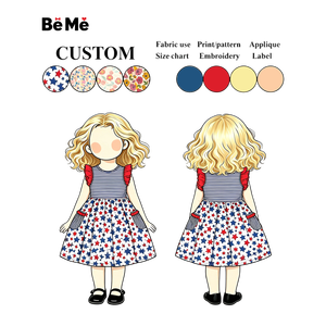 Ventes chaudes Robes à imprimé étoiles et rayures pour filles américaines avec poches Robe pour bébé fille à manches courtes pour le 4 juillet Vêtements pour filles Robe pour bébé - Product Image 1