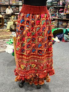 Bohemian Asymmetrical Maxi <b>Skirt</b> Women <b>Elastic</b> <b>Waist</b> Hand Embroidered Ruffles Geometric Pattern Breathable Cotton Ankle Length - Product Image 6