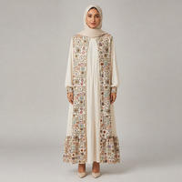 Ensemble Robe Gilet et Hijab Artistique Crème à Manches Longues pour Femme, Style Modeste, Patchwork, Deux Pièces, Vente en Gros, Fournisseur de Boutiques