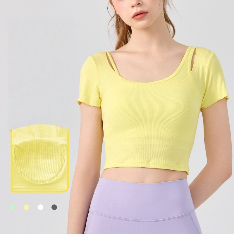 New Sports Top T-Shirt Women's Chest Cushion Pleated Slim Yoga Dress Sexy Fitness Top