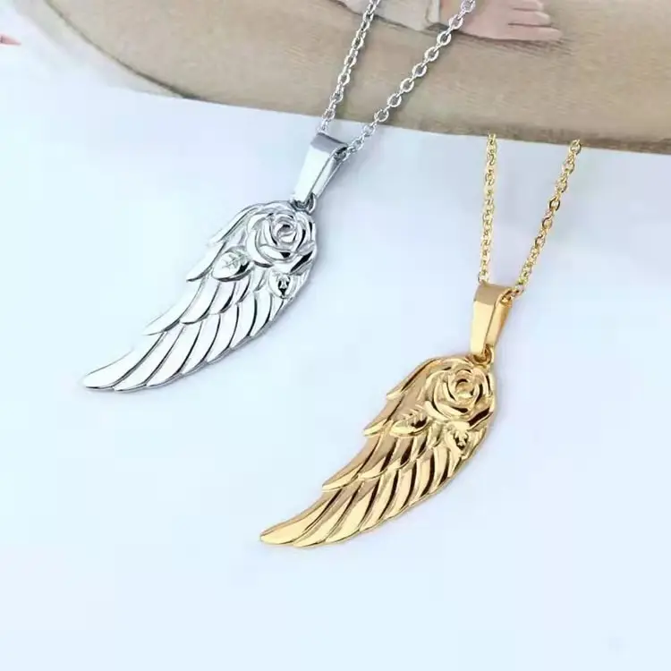 New Arrival Angel Wing Charm Choker Jewelry Stainless Steel Women Feather Pendant 18K Gold Silver Rose Wing Pendant Necklace