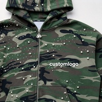 Sweat-shirt à capuche pour homme personnalisé avec des strass perlés sur toute la surface, imprimé camouflage, fermeture éclair intégrale, style streetwear hip-hop, veste oversize