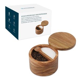 Acacia Wood Spice <b>Jar</b> With Divider 4.33inch Wooden Lid Airtight <b>Kitchen</b> <b>Storage</b> Box <b>For</b> Seasoning - Product Image 2