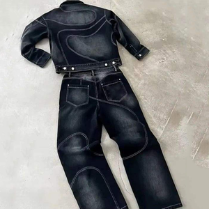 Completo Due Pezzi in Denim Effetto Vintage da Uomo: Giacca con Stampa Astratta e <span class=keywords><strong>Jeans</strong></span> Larghi, Outfit Casual Streetwear Stile Biker - Product Image 2