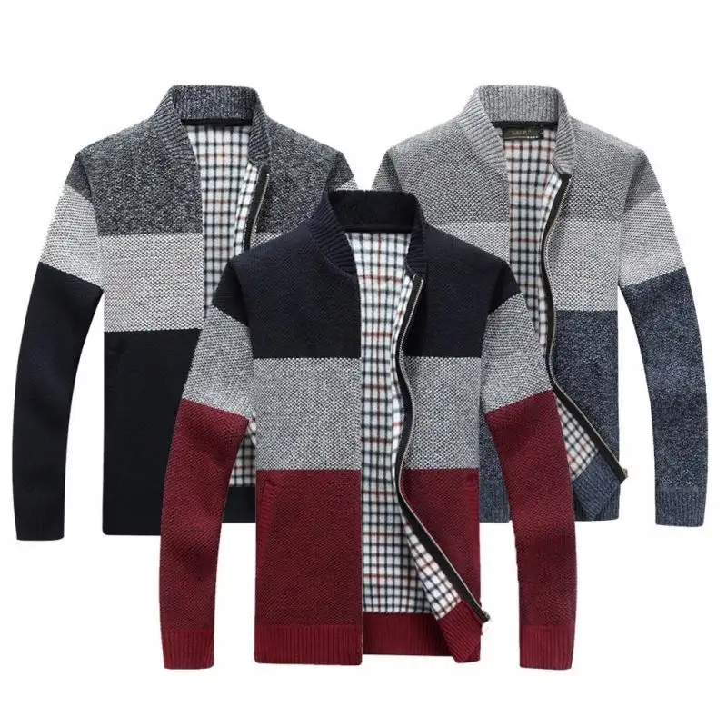 O Neck Long Sleeve, Grey Color Block Zip Up Mens Cardigan Sweater For Men/
