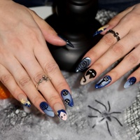 Ongles en acrylique en forme d'amande à presser, motifs chat noir de dessin animé, estampage doré, options vernis brillant/mat, certifiés CE, 10 pièces/paquet