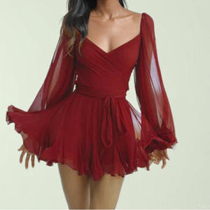 Elegante Vestido Mini de Cuello en V, Color Sólido, con Capa Transparente y Cintura Impero para Mujer, Ropa de Noche - Product Image 1