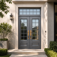 Porte d'entrée double en acier gris foncé moderne avec transom en verre pour villa