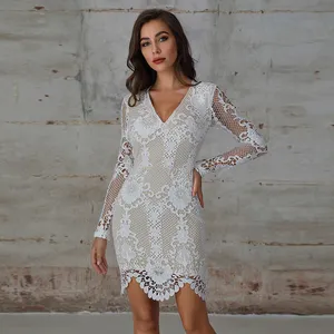 Womens Clothing Apparel OEM V Neck Long Sleeve White Lace Hollow Bodycon Wrap Casual Dress