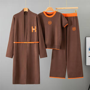 Stile autunnale da <span class=keywords><strong>donna</strong></span> in tre pezzi elegante a maniche corte <span class=keywords><strong>pantaloni</strong></span> <span class=keywords><strong>larghi</strong></span> a maglia lunga con giacca Cardigan in tinta unita 0592 - Product Image 1