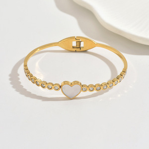 18K <strong>Gold</strong> Plated Stainless Steel <strong>Bracelet</strong> for Women Secure Clasp with Mother of <strong>Pearl</strong> and Zircon Accents Fashionable Bangles - Product Image 6