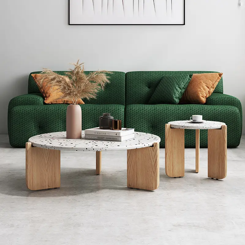 FanRui 와비-사비 크림 바람 거실 커피 테이블 매우 간단한 리얼 오크 피트 홈 테라조 라운드 커피 테이블 조합
