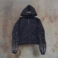 Sweat à capuche zippé pour homme, personnalisé avec strass et cristaux de luxe, en molleton French Terry, coupe oversize, épais et courte