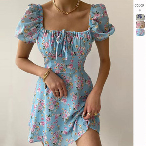 Robe florale pour femme 2026, élastique, manches courtes bouffantes, motif floral - Product Image 1