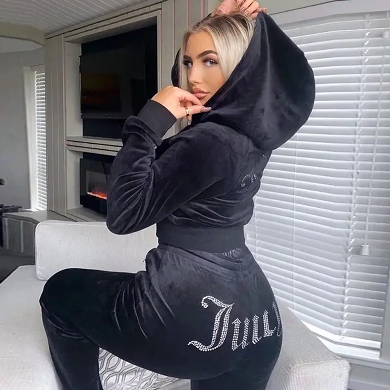 Velvet 2 Piece Pants Sets Rhinestones Sweatsuits Women Hoodie And Jogger Two Piece Outfits Set Fall Winter Clothing For Women