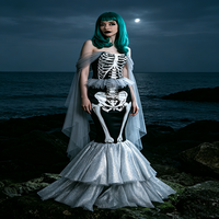 Ensemble de costume de sirène squelette pour femme, déguisement d'Halloween avec châle en tulle