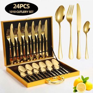 Hot Selling 2024 Stainless Steel Gold Cutlery 24 Piece Wedding Party Flatware Set 4pcs Silverware with Wooden Box - Product Image 1