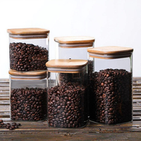 Pot de stockage en verre de cuisine carré à haute teneur en borosilicate pot de bouteilles d'herbes pour épices à café alimentaire avec couvercle en bois de bambou