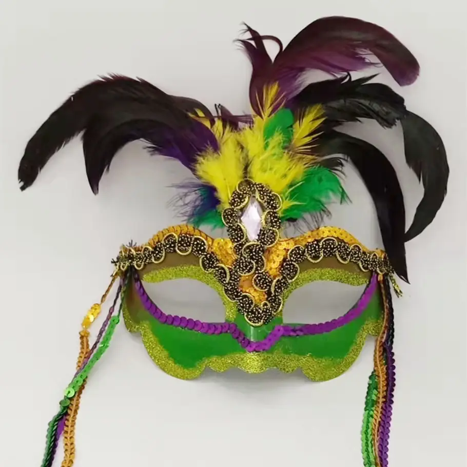 Máscara de lentejuelas y plumas de Mardi Gras, púrpura, verde, dorado, pluma de lujo, Accent de gema